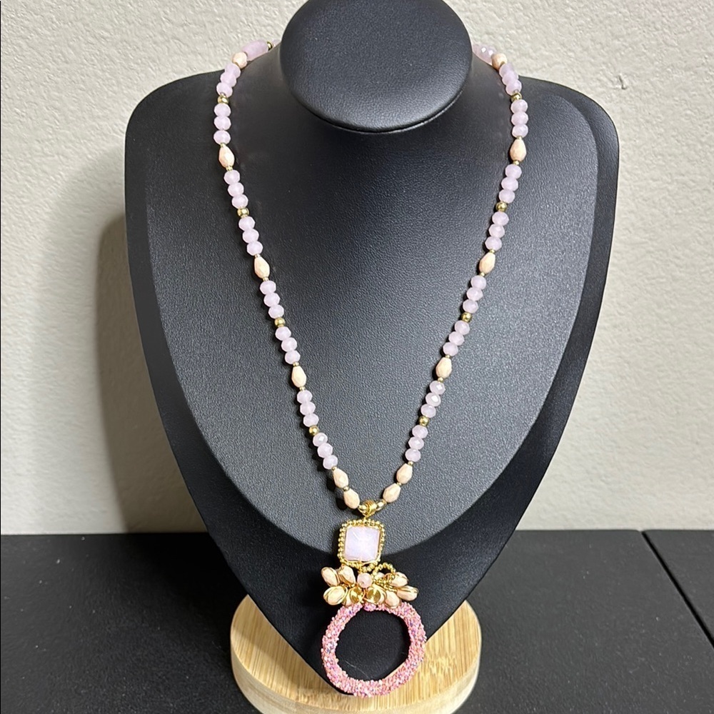 Rose Quartz Wire Beaded Pendant Feminine Girly Grandma Core Necklace